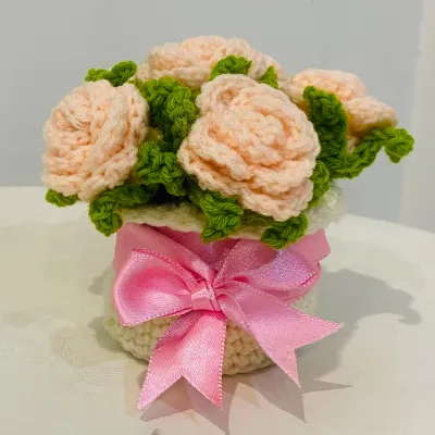 Handcrafted Crochet Blossom Basket with Peach Satin Bow