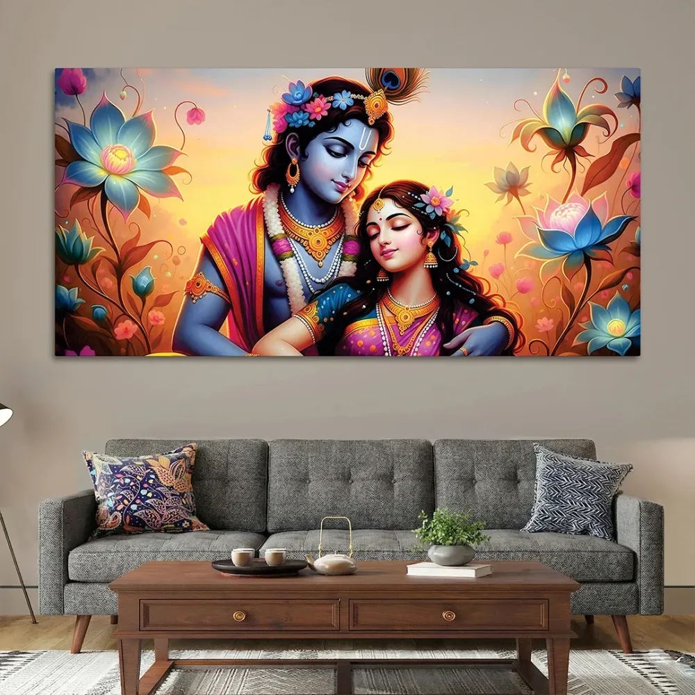 Blossoming Love of Radha Krishna Canvas Wall Painting With Frame
