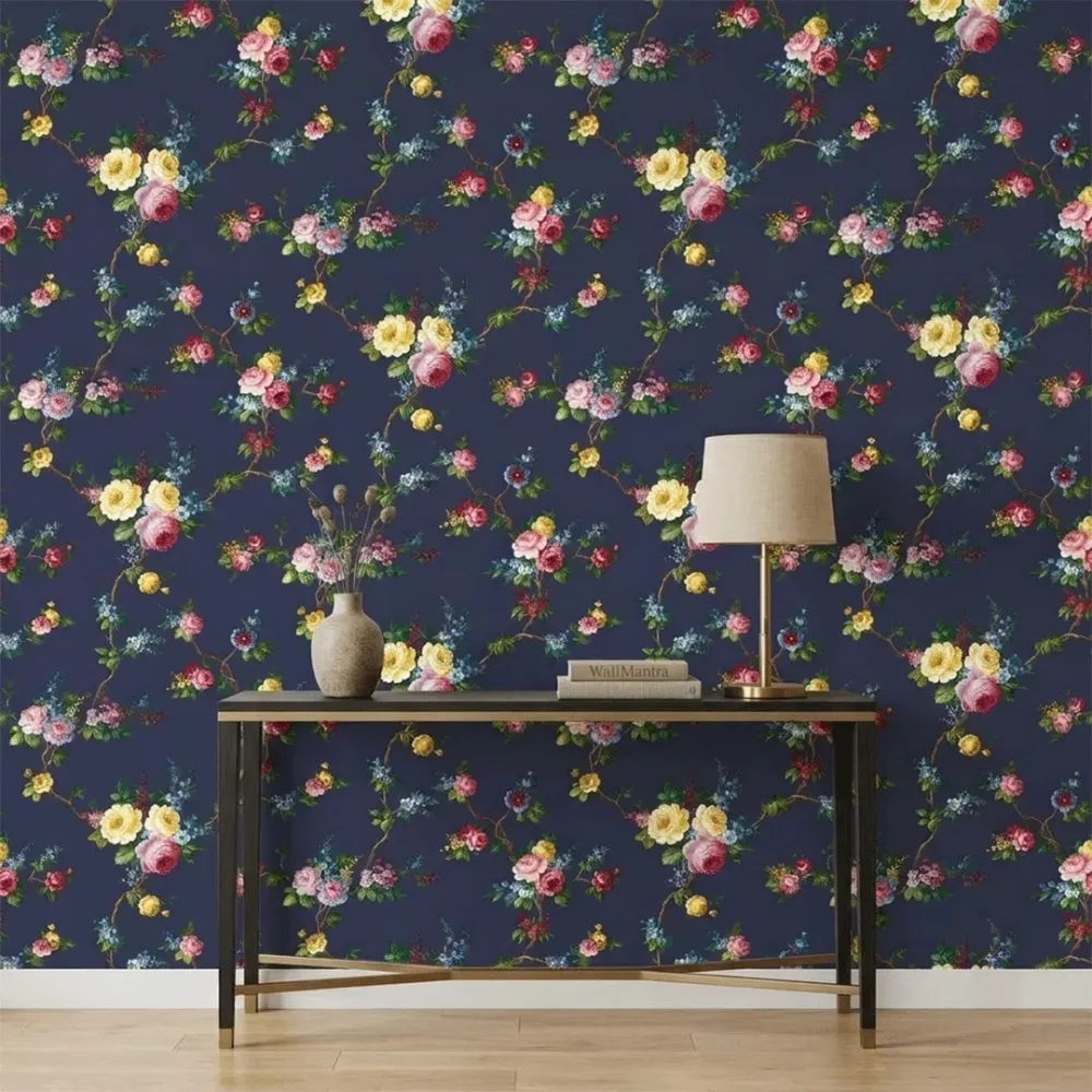 Navy Blue Vintage Floral Branches Wallpaper