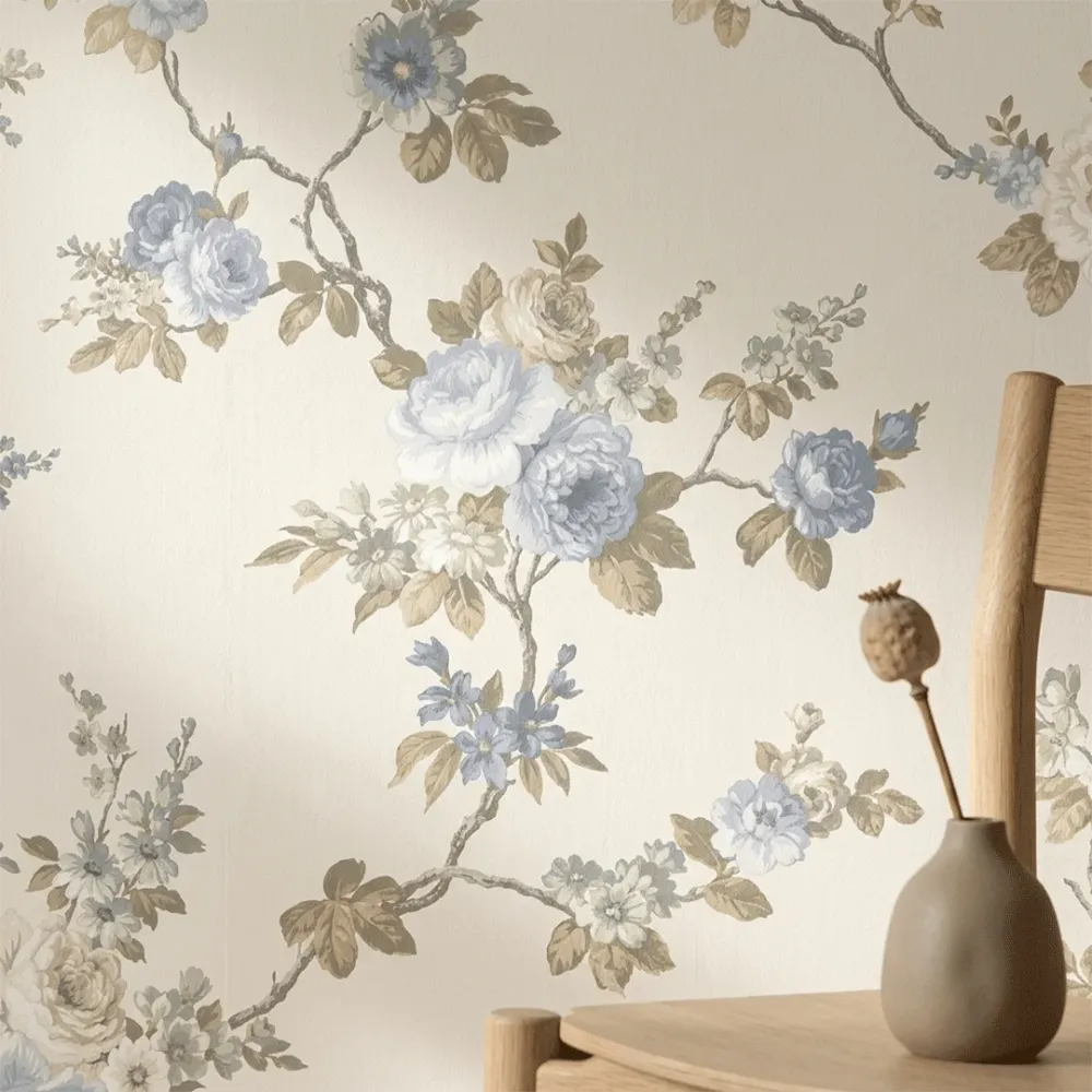 Blue Floral Branches Vintage Botanical Wallpaper
