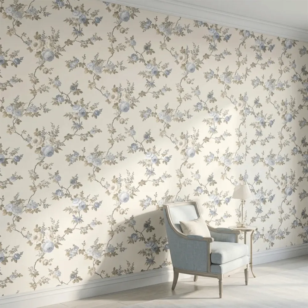 Blue Floral Branches Vintage Botanical Wallpaper