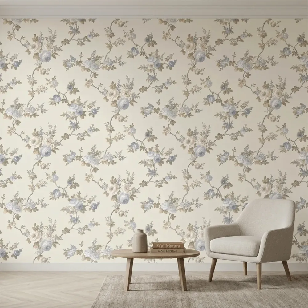 Blue Floral Branches Vintage Botanical Wallpaper