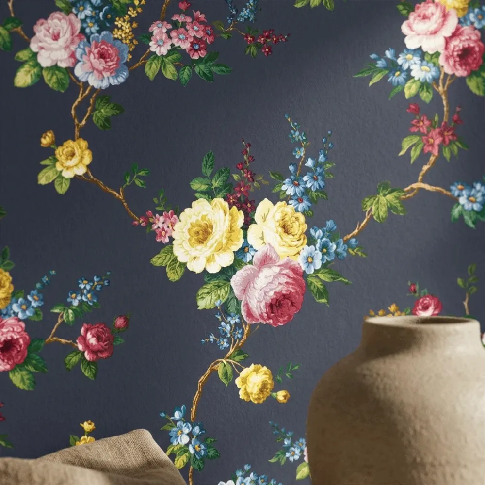 Navy Blue Vintage Floral Branches Wallpaper
