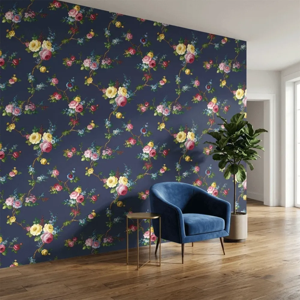 Navy Blue Vintage Floral Branches Wallpaper