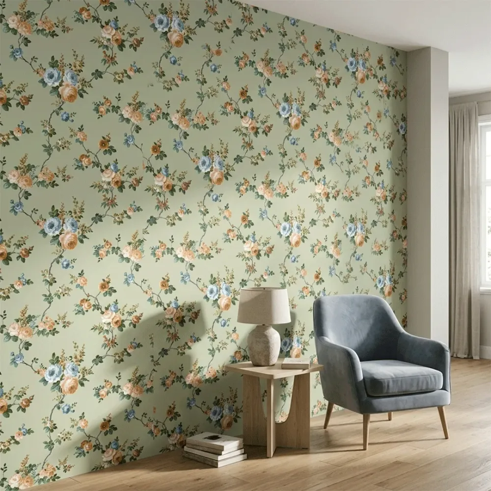 Sage Green Vintage Floral Branches Wallpaper