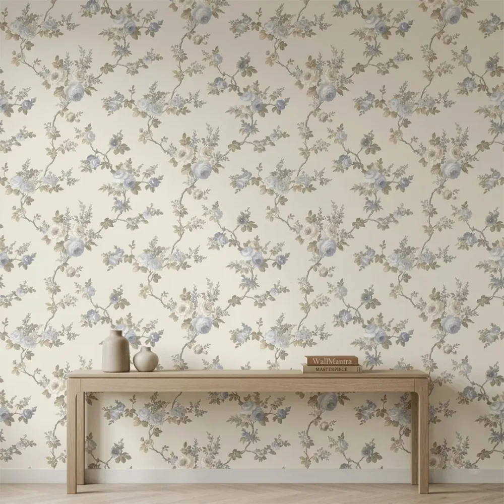 Blue Floral Branches Vintage Botanical Wallpaper