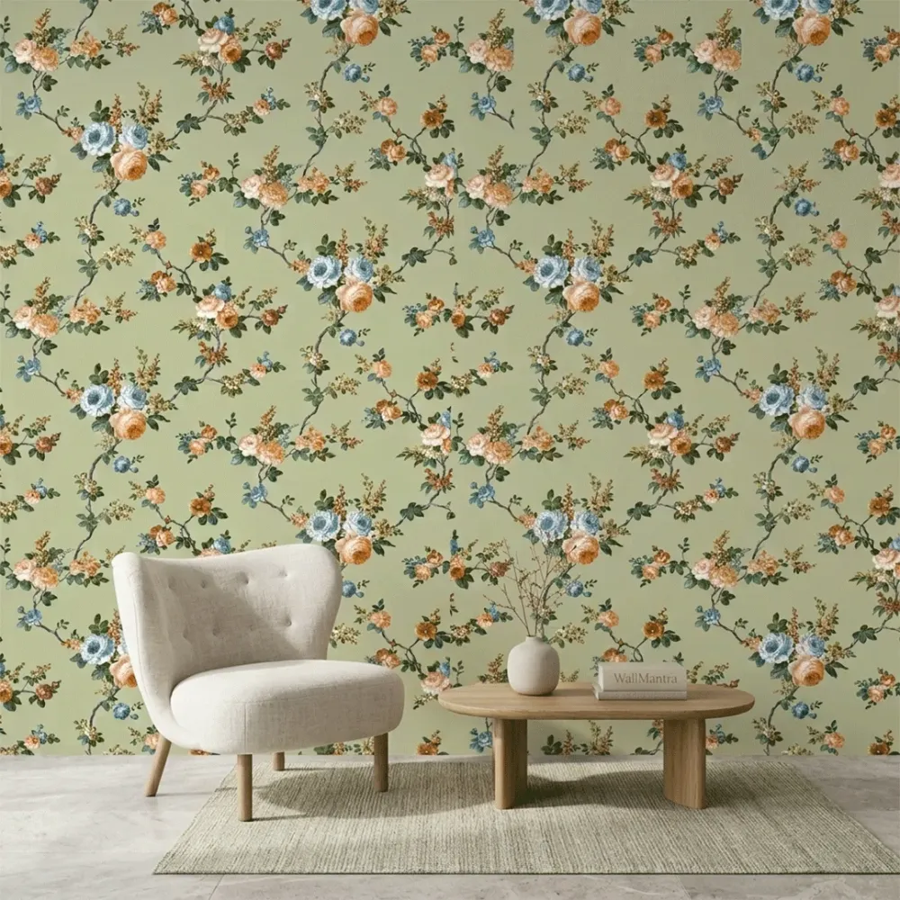 Sage Green Vintage Floral Branches Wallpaper