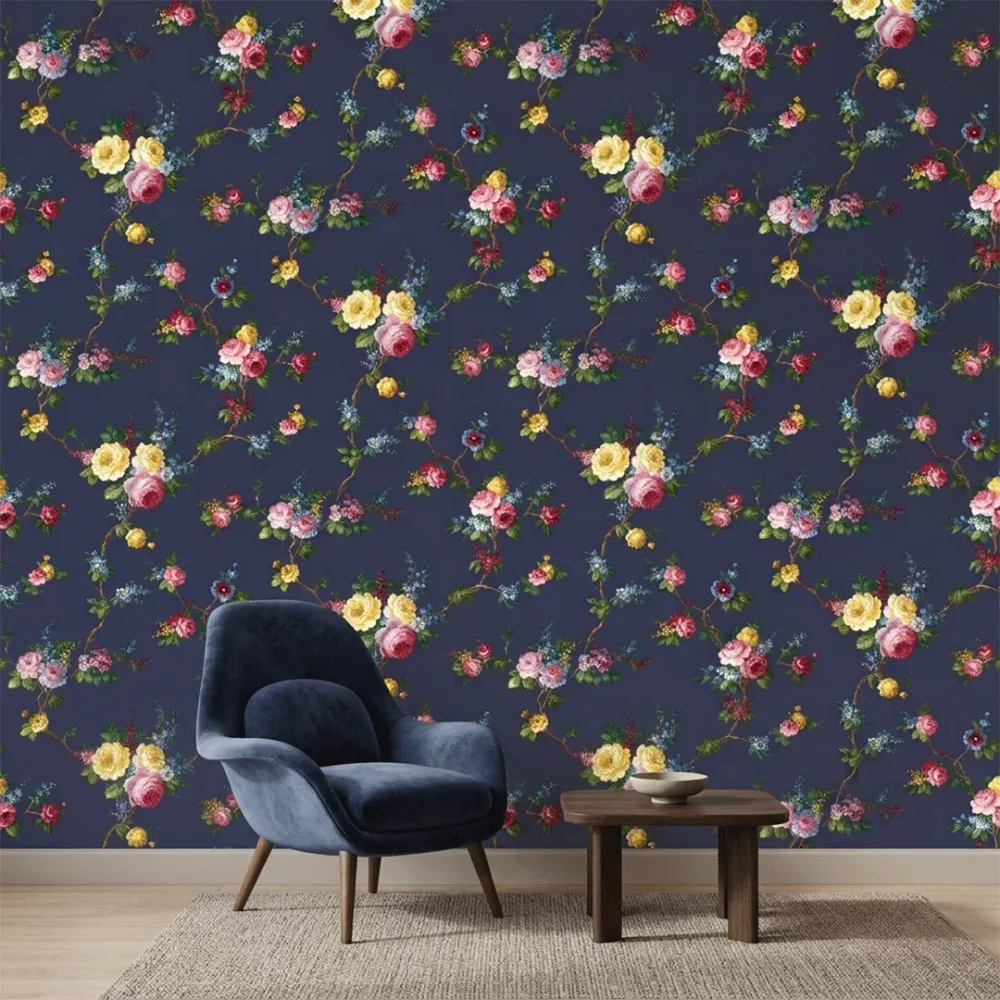 Navy Blue Vintage Floral Branches Wallpaper