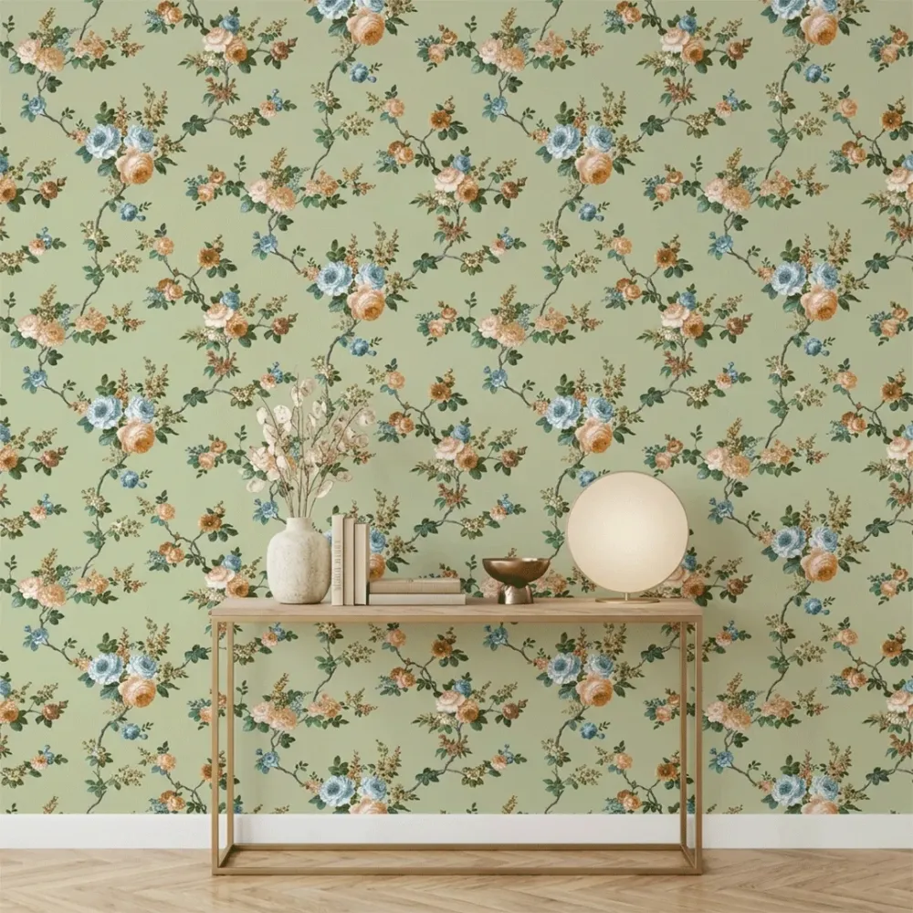 Sage Green Vintage Floral Branches Wallpaper