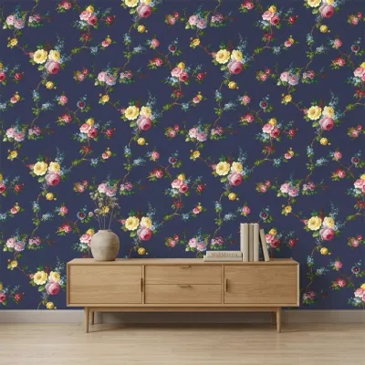 Navy Blue Vintage Floral Branches Wallpaper