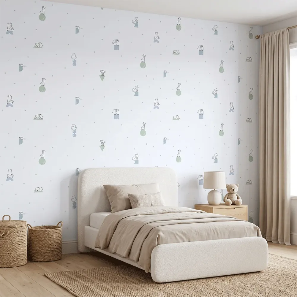 Blue Minimal Safari Animals Kids Wallpaper | Premium Korean Vinyl Nursery Wallpaper