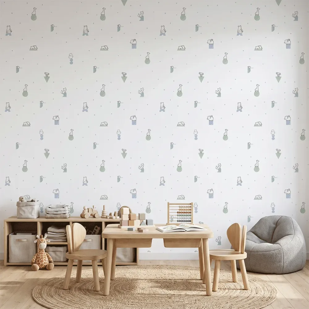 Blue Minimal Safari Animals Kids Wallpaper | Premium Korean Vinyl Nursery Wallpaper