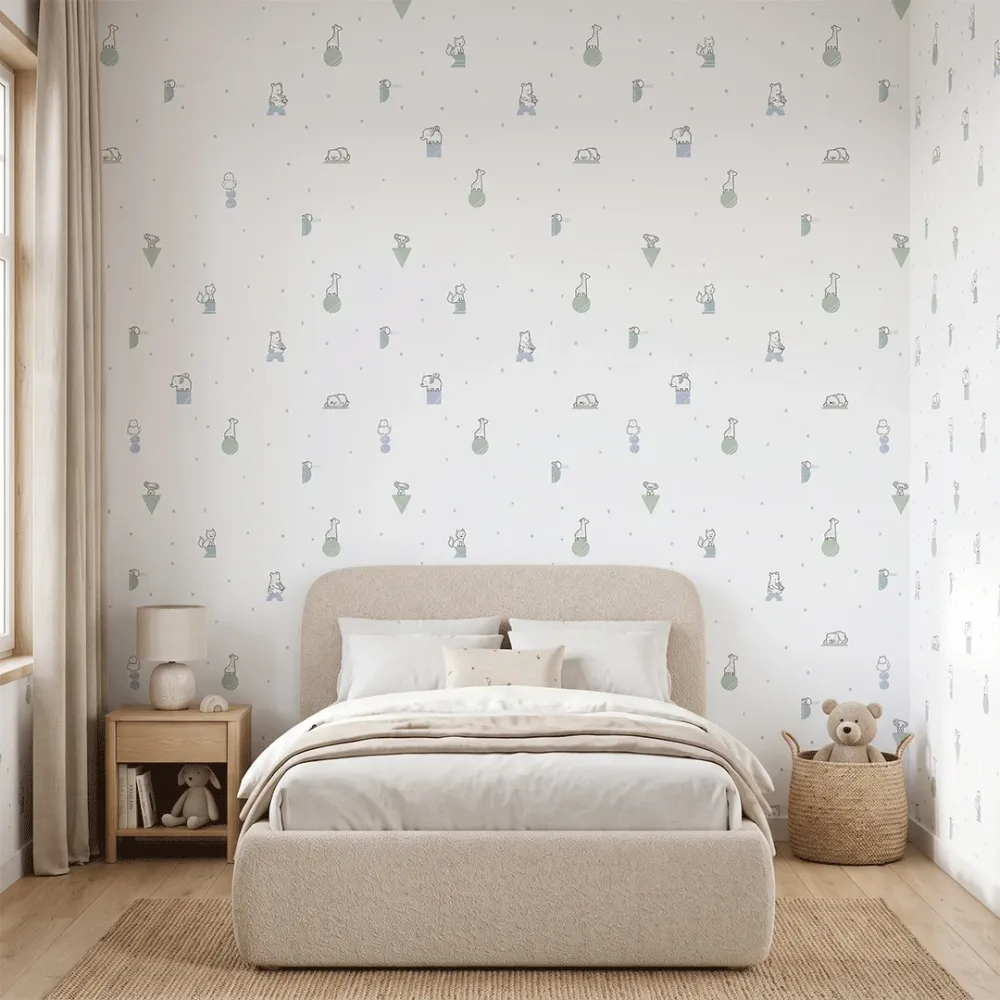 Blue Minimal Safari Animals Kids Wallpaper | Premium Korean Vinyl Nursery Wallpaper