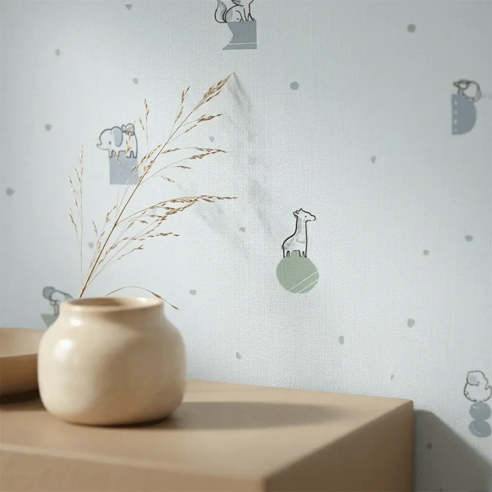 Blue Minimal Safari Animals Kids Wallpaper | Premium Korean Vinyl Nursery Wallpaper