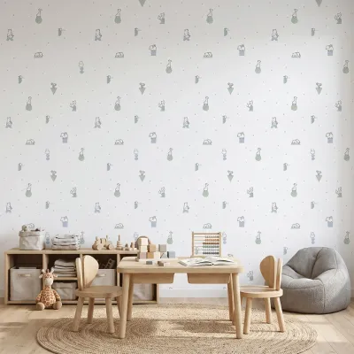 Blue Minimal Safari Animals Kids Wallpaper | Premium Korean Vinyl Nursery Wallpaper