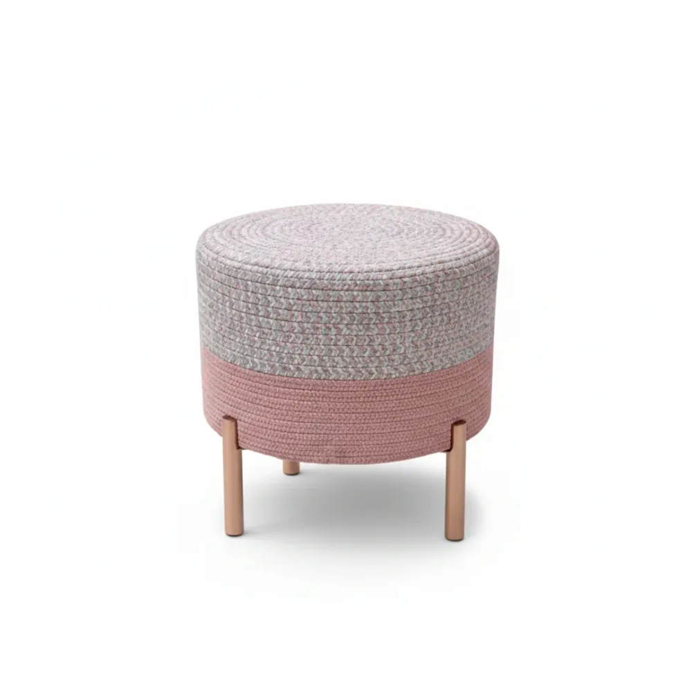 Blush Harmony Indoor Round Braided Pouffe Stool with Metal Legs 