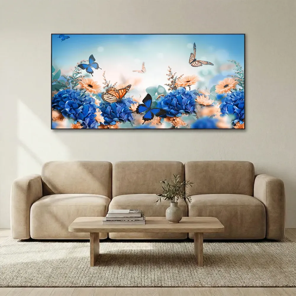 Butterflies in Flowers Garden Scenery Canvas  Wall Hanging With Frame