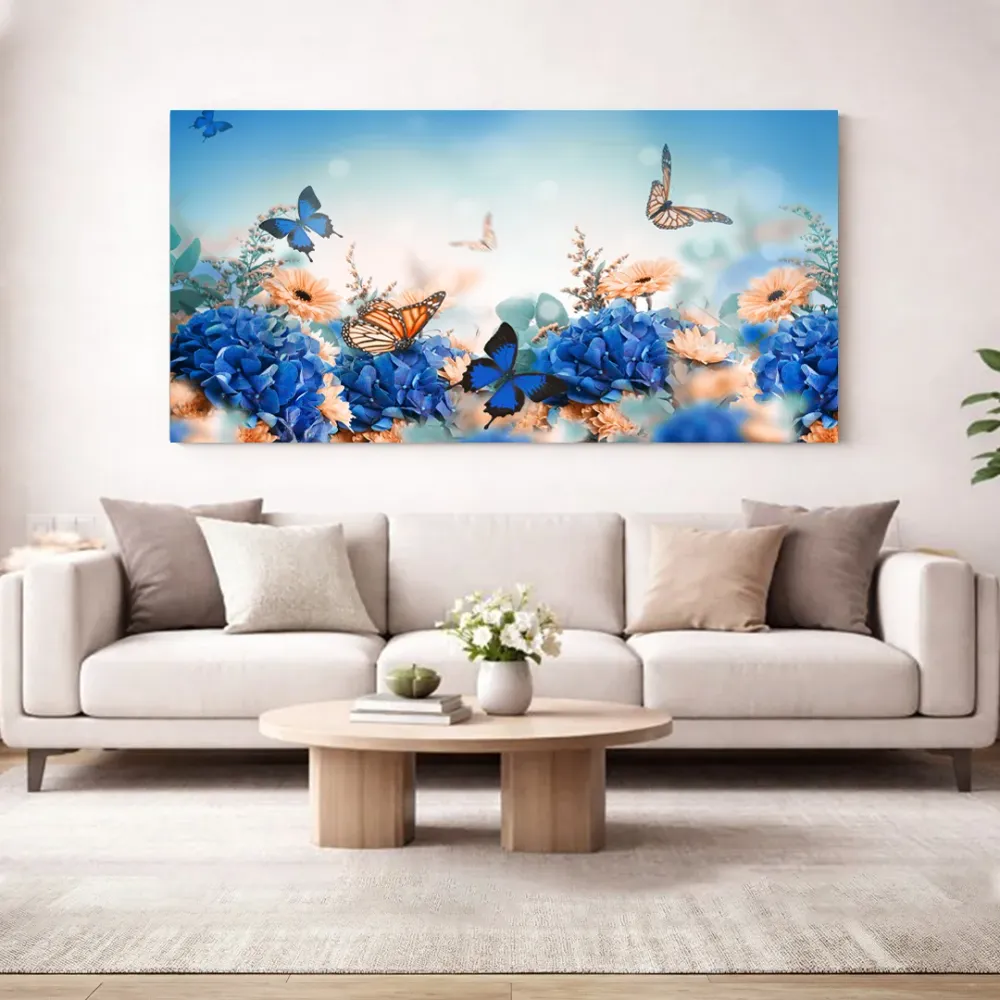 Butterflies in Flowers Garden Scenery Canvas  Wall Hanging With Frame