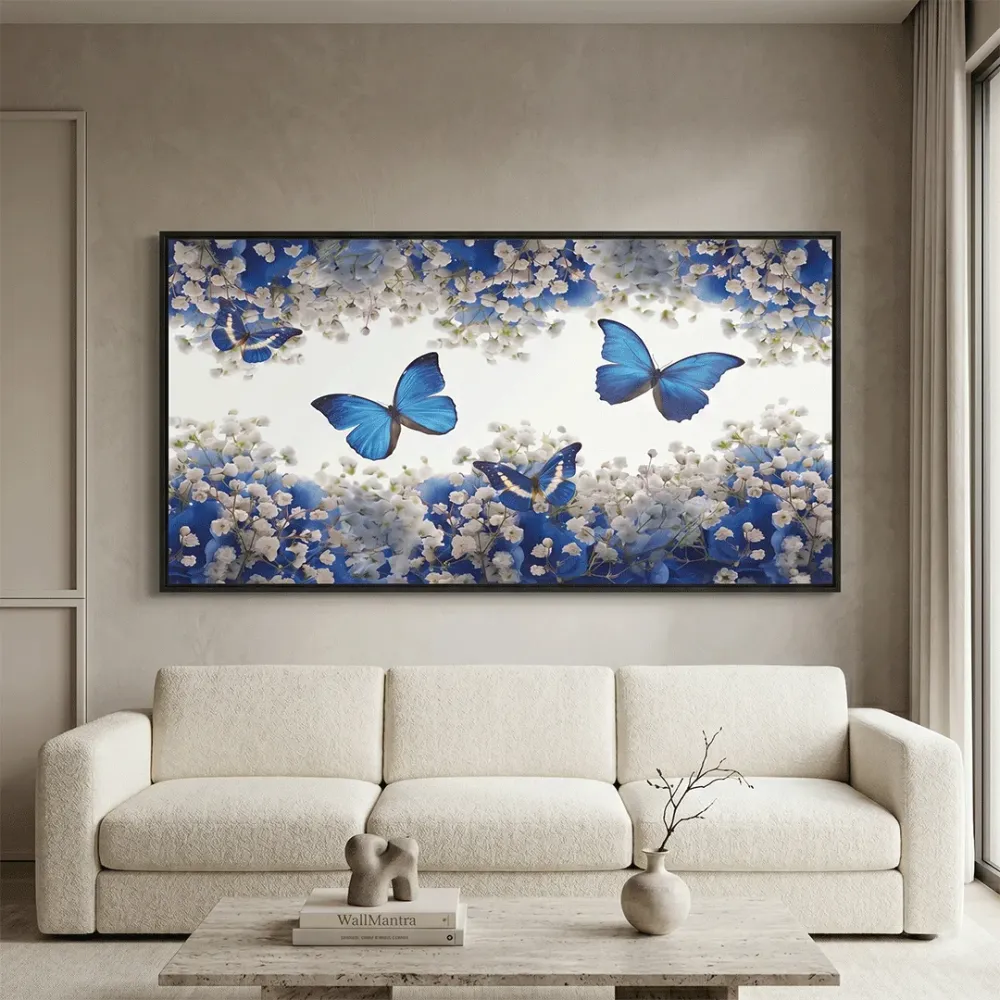 Butterflies in Garden Scenery Canvas  Wall Hanging With Frame