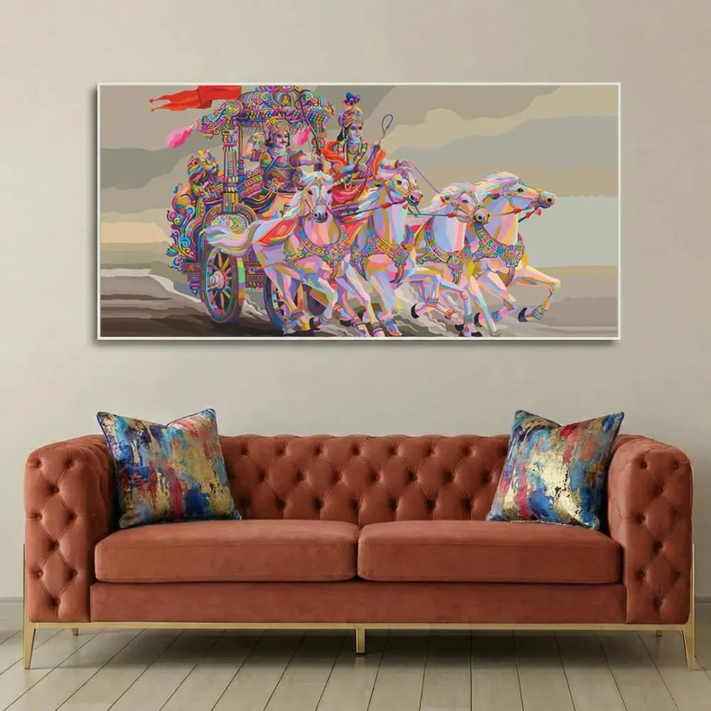 Celestial Chariot of Krishna and Arjuna Canvas Wall Painting With Frame