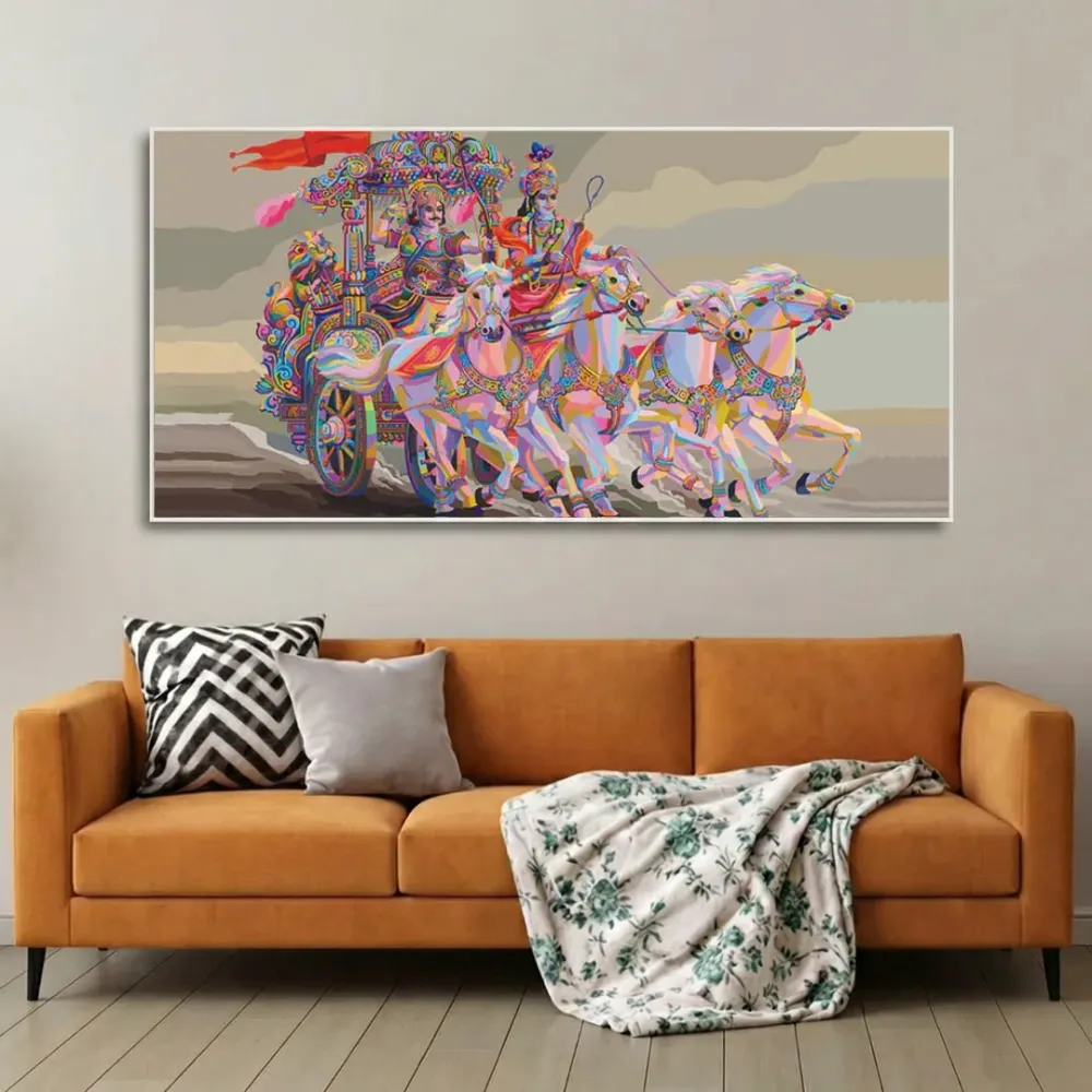 Celestial Chariot of Krishna and Arjuna Canvas Wall Painting With Frame