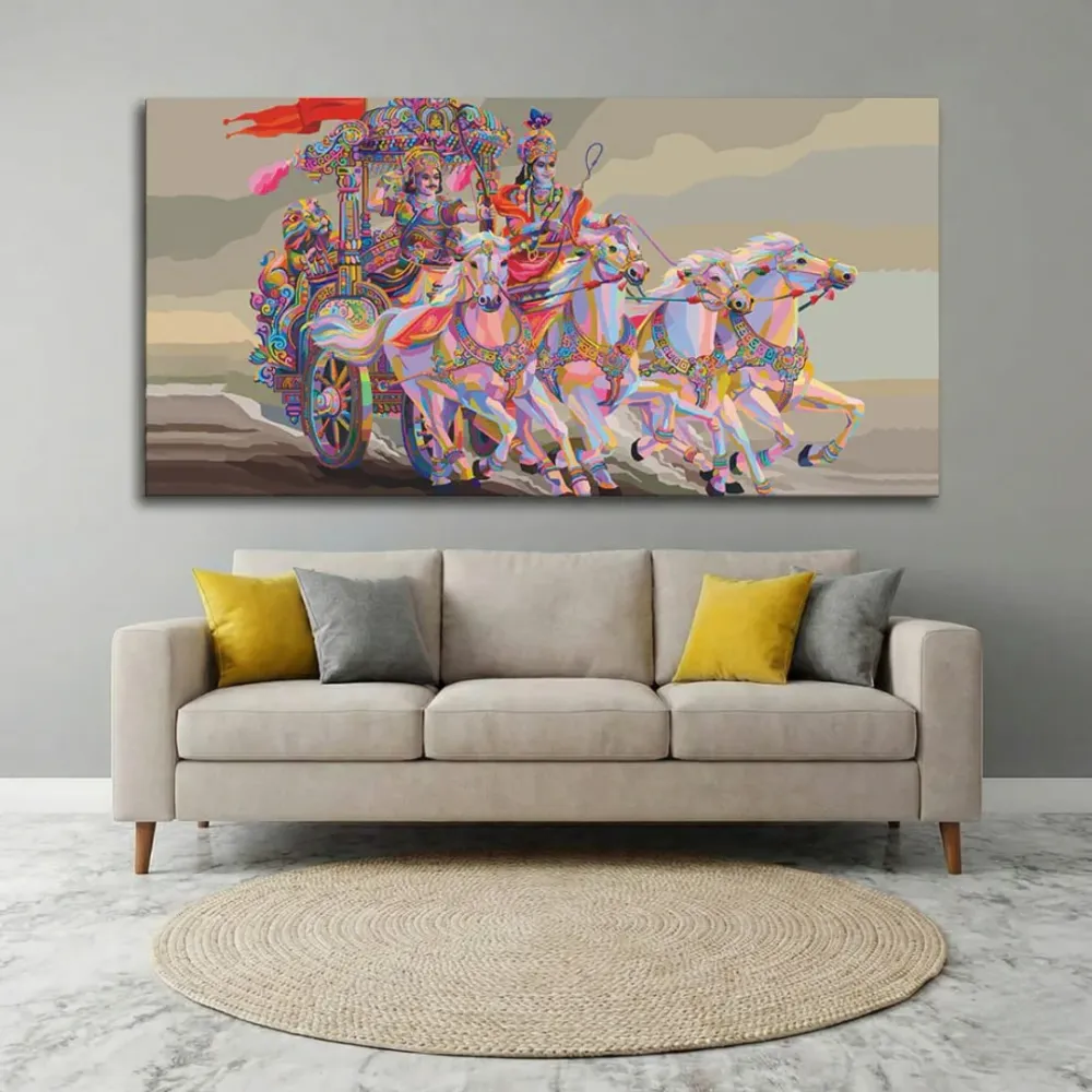 Celestial Chariot of Krishna and Arjuna Canvas Wall Painting With Frame