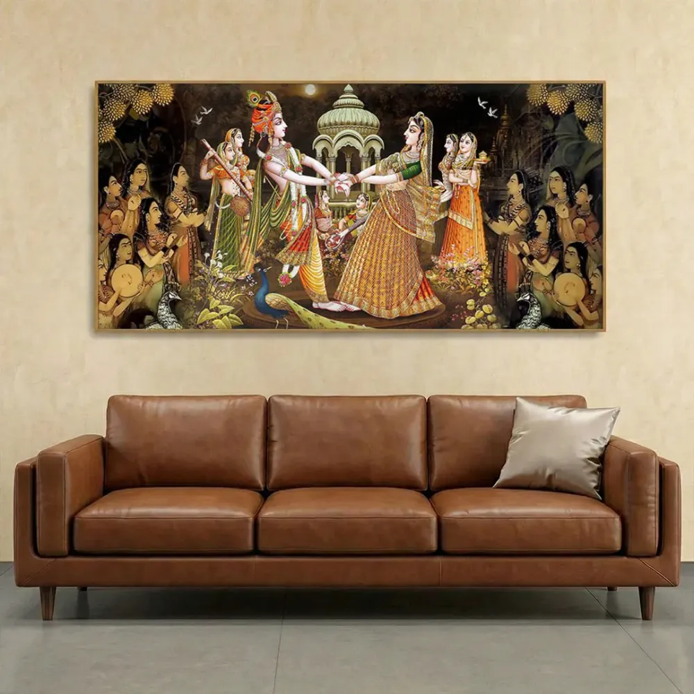 Celestial Raas Leela of Radha Krishna Canvas Wall Painting With Frame