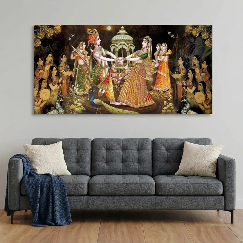 Celestial Raas Leela of Radha Krishna Canvas Wall Painting With Frame