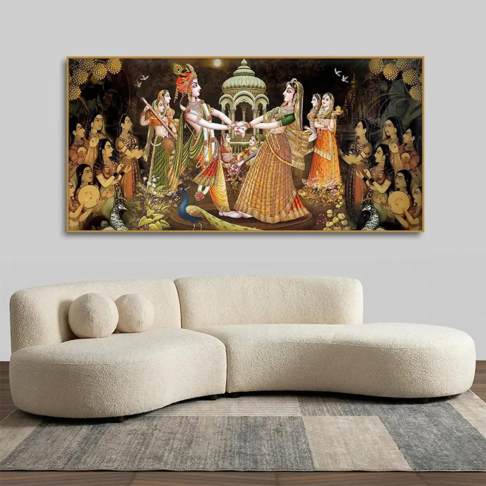 Celestial Raas Leela of Radha Krishna Canvas Wall Painting With Frame