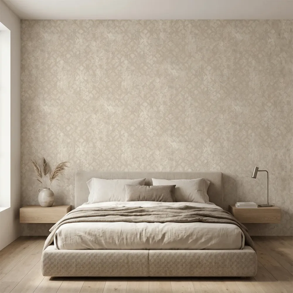Champagne Ivory Grid Industrial Geometric Wallpaper
