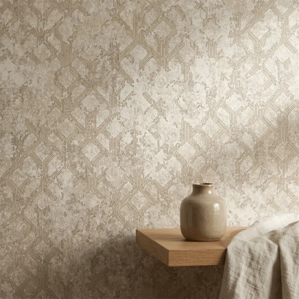 Champagne Ivory Grid Industrial Geometric Wallpaper
