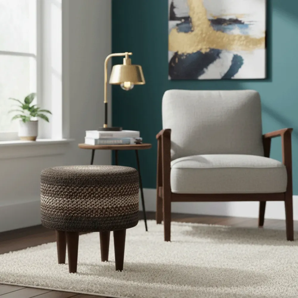 Charcoal Haven Indoor Round Braided Pouffe Stool 