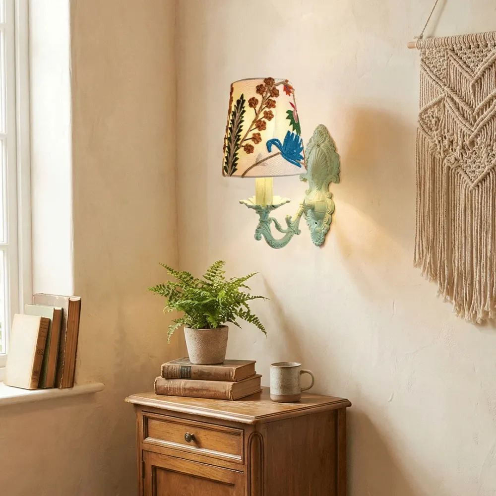 Charming Distressed Sea Green Embroidered Finish Single Light Wall Sconce