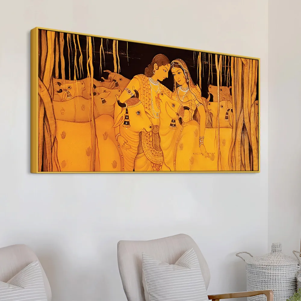 Golden Serenity of Radha Krishna Canvas Wall Painting With Frame