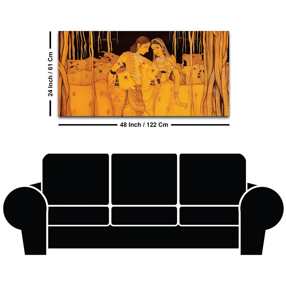 Golden Serenity of Radha Krishna Canvas Wall Painting With Frame