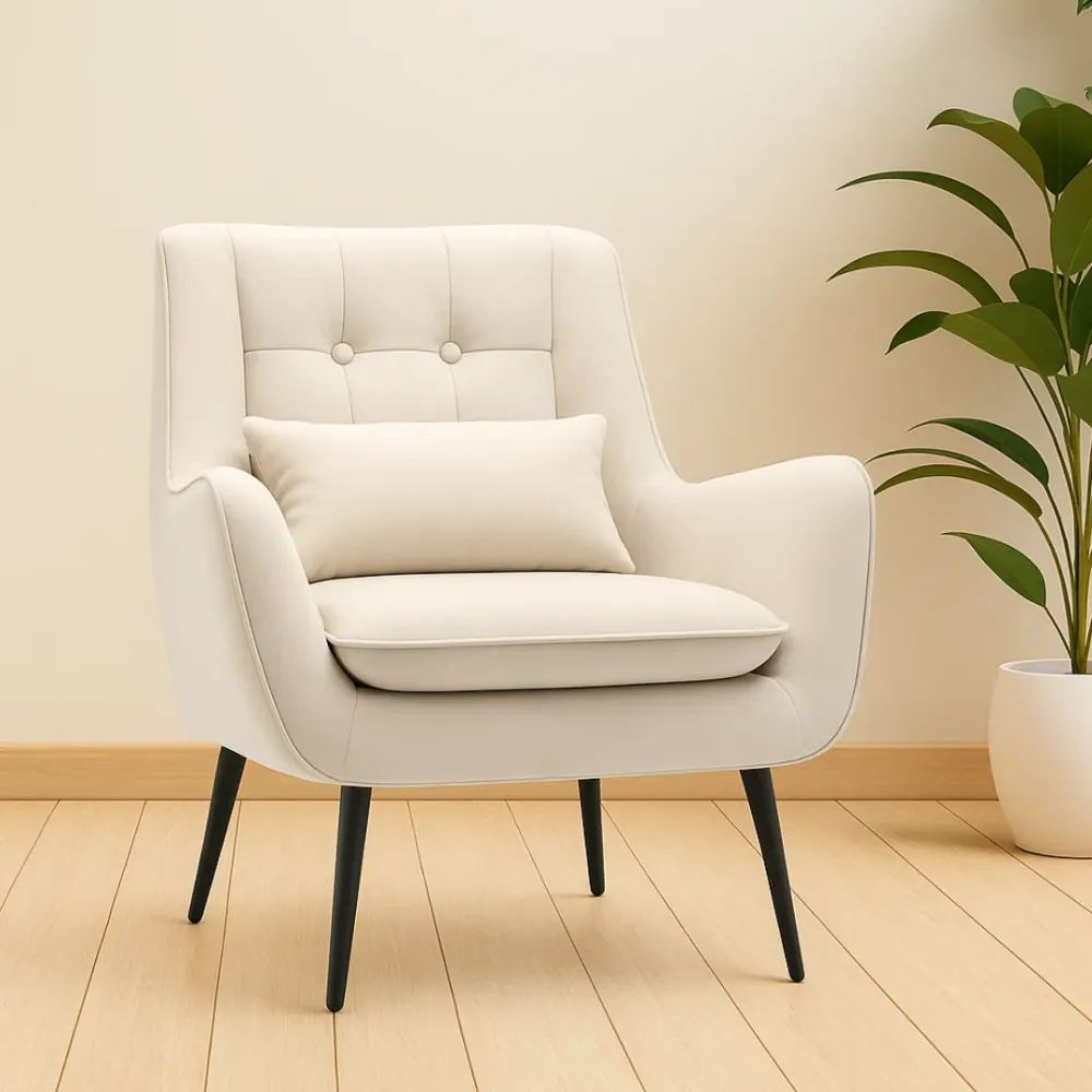 Classic Off-white Thick Padded Velvet Armchair with Cushion Single Piece