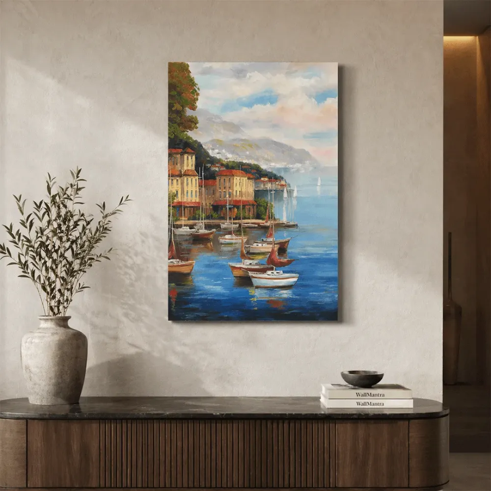 Coastal Harbor Canvas Wall Art – Serene Boats & Waterfront Landscape With Frame