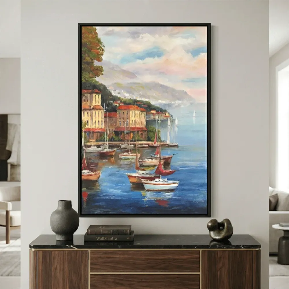 Coastal Harbor Canvas Wall Art – Serene Boats & Waterfront Landscape With Frame
