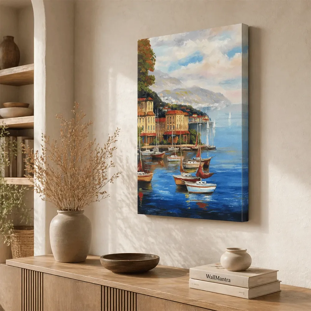 Coastal Harbor Canvas Wall Art – Serene Boats & Waterfront Landscape With Frame