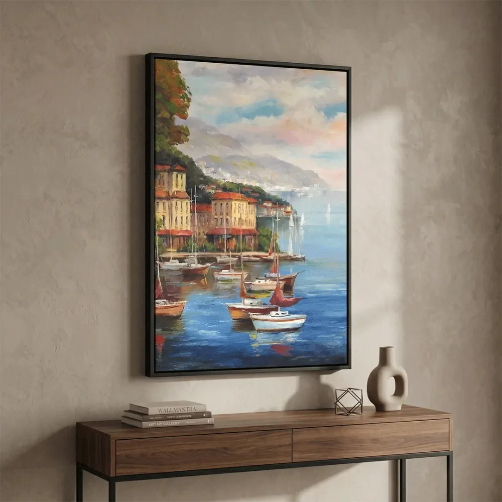 Coastal Harbor Canvas Wall Art – Serene Boats & Waterfront Landscape With Frame