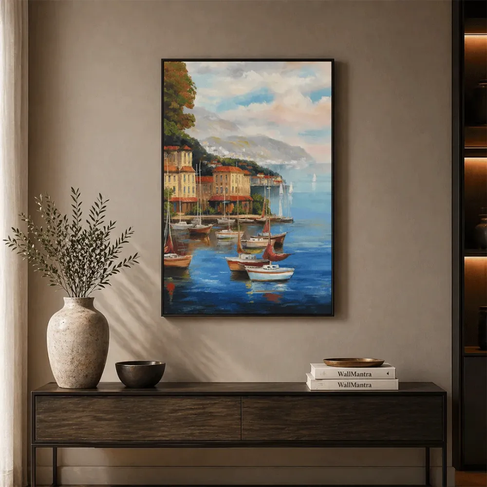 Coastal Harbor Canvas Wall Art – Serene Boats & Waterfront Landscape With Frame