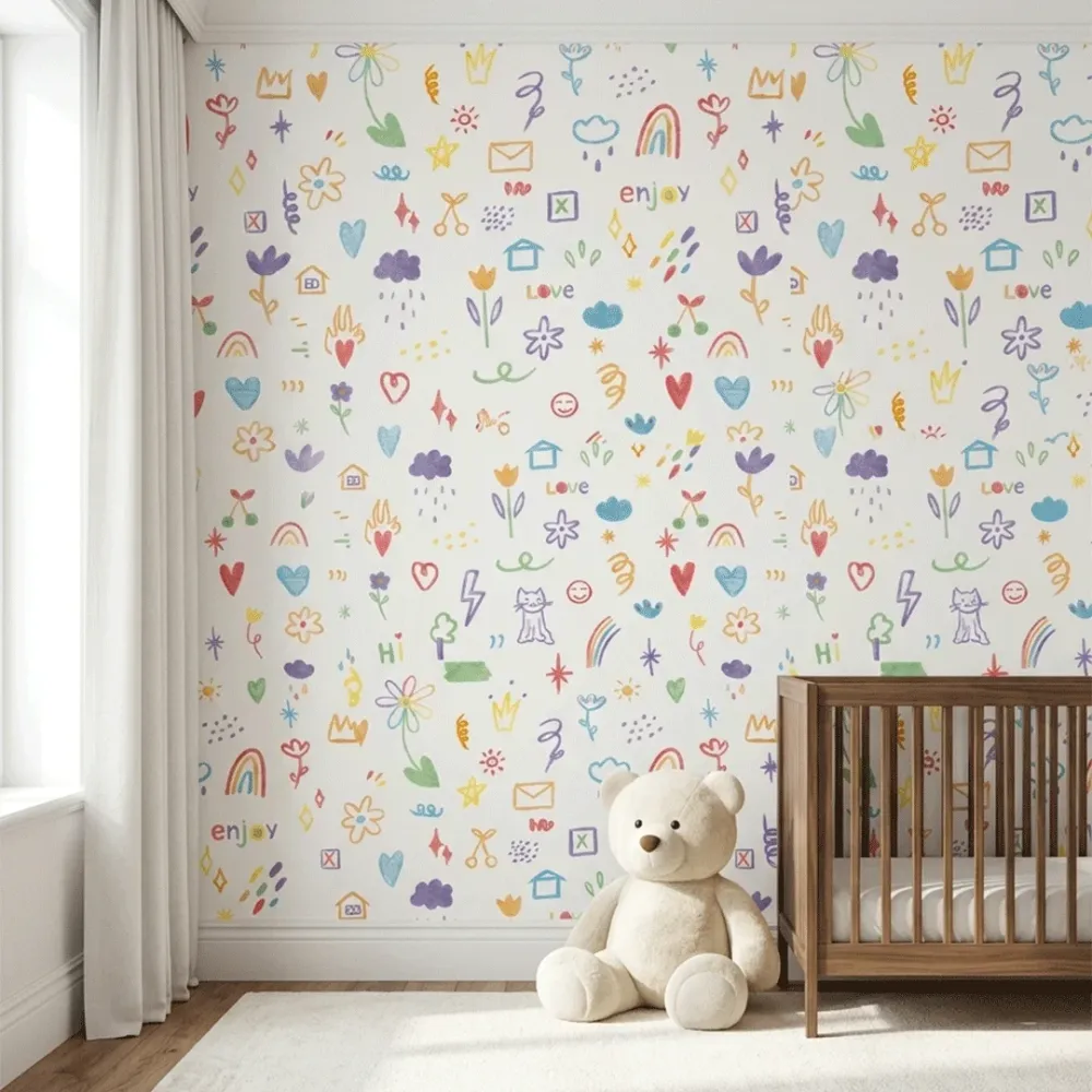Colorful Doodle Kids Wallpaper | Fun Hand Drawn Nursery Wallpaper