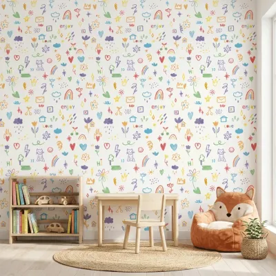 Colorful Doodle Kids Wallpaper | Fun Hand Drawn Nursery Wallpaper