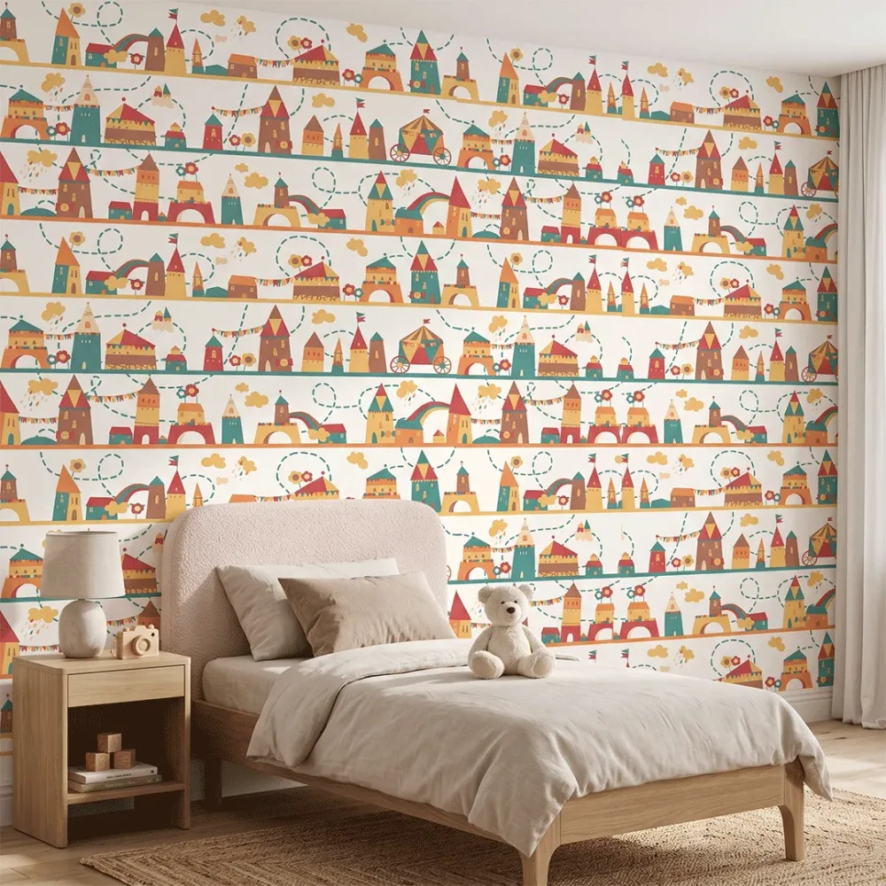 Colorful Fairytale Castle Kids Wallpaper | Premium Korean Vinyl Nursery Wallpaper