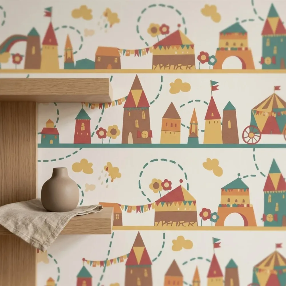 Colorful Fairytale Castle Kids Wallpaper | Premium Korean Vinyl Nursery Wallpaper