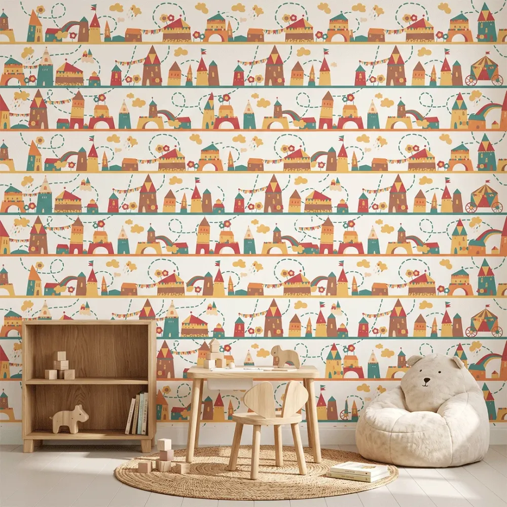 Colorful Fairytale Castle Kids Wallpaper | Premium Korean Vinyl Nursery Wallpaper