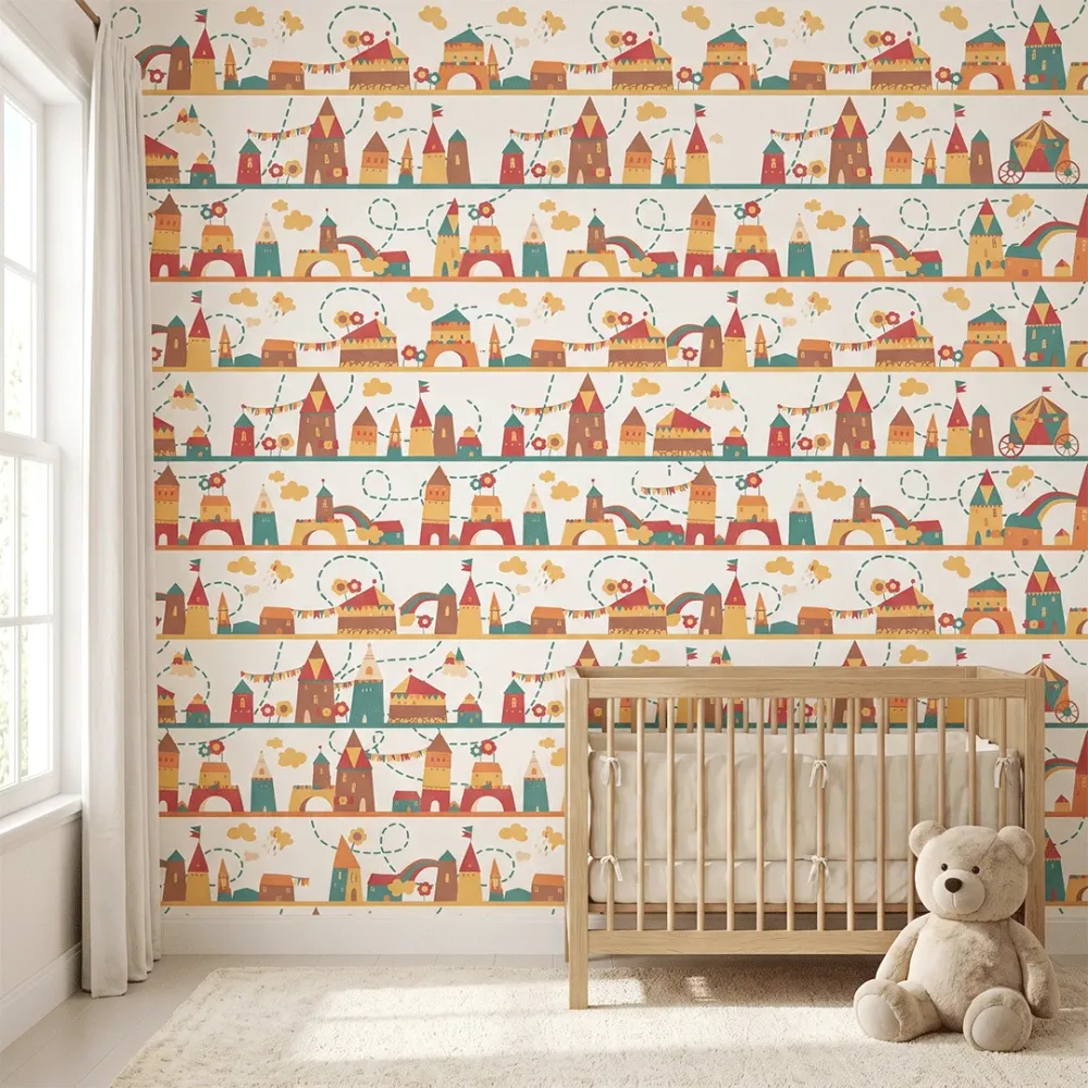 Colorful Fairytale Castle Kids Wallpaper | Premium Korean Vinyl Nursery Wallpaper