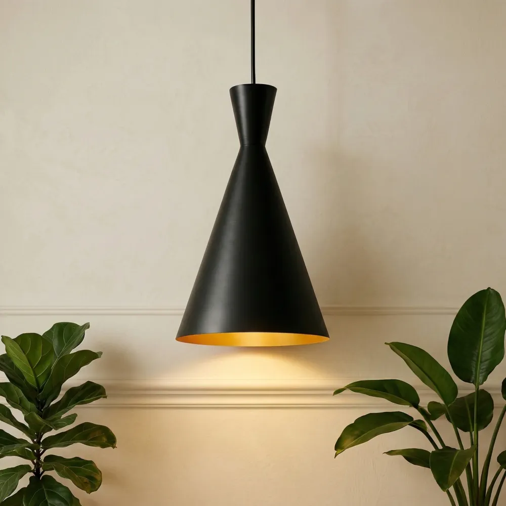 Cone Shaped Black Metal Hanging Light Single Piece
