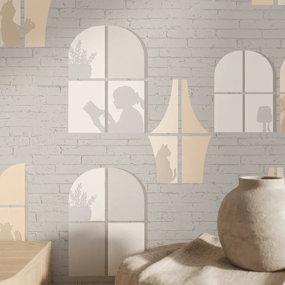 Cozy Window View Wallpaper | Premium Korean Vinyl Scenic Brick Wall Wallpaper