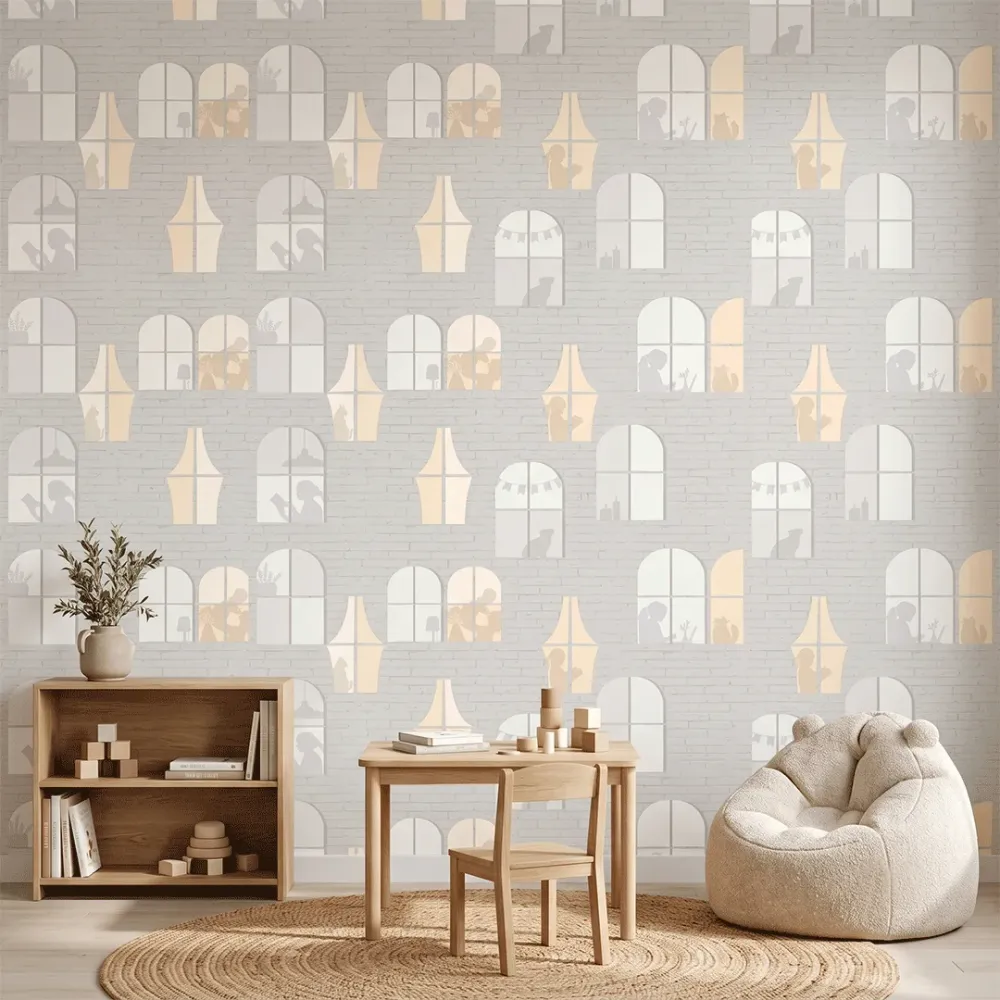 Cozy Window View Wallpaper | Premium Korean Vinyl Scenic Brick Wall Wallpaper